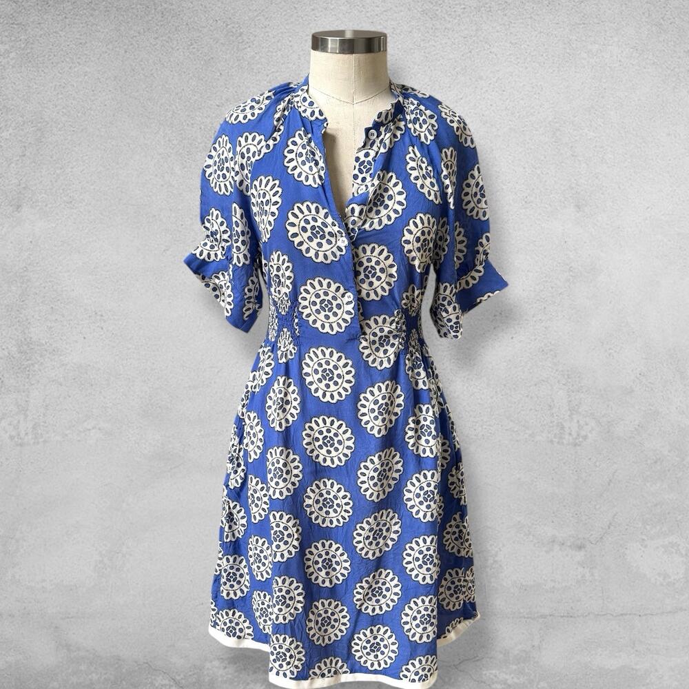 Baum Und Pferdgarten Womens Silk Rayon Fit Flare Smocked Dress Blue SZ 38 US XS